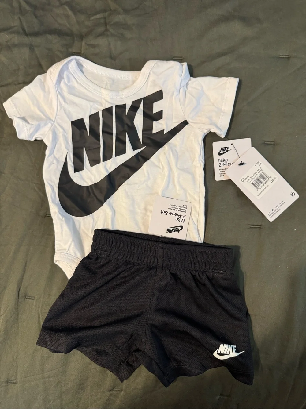 Nike White Bodysuit with Black Logo & Black Athletic Shorts